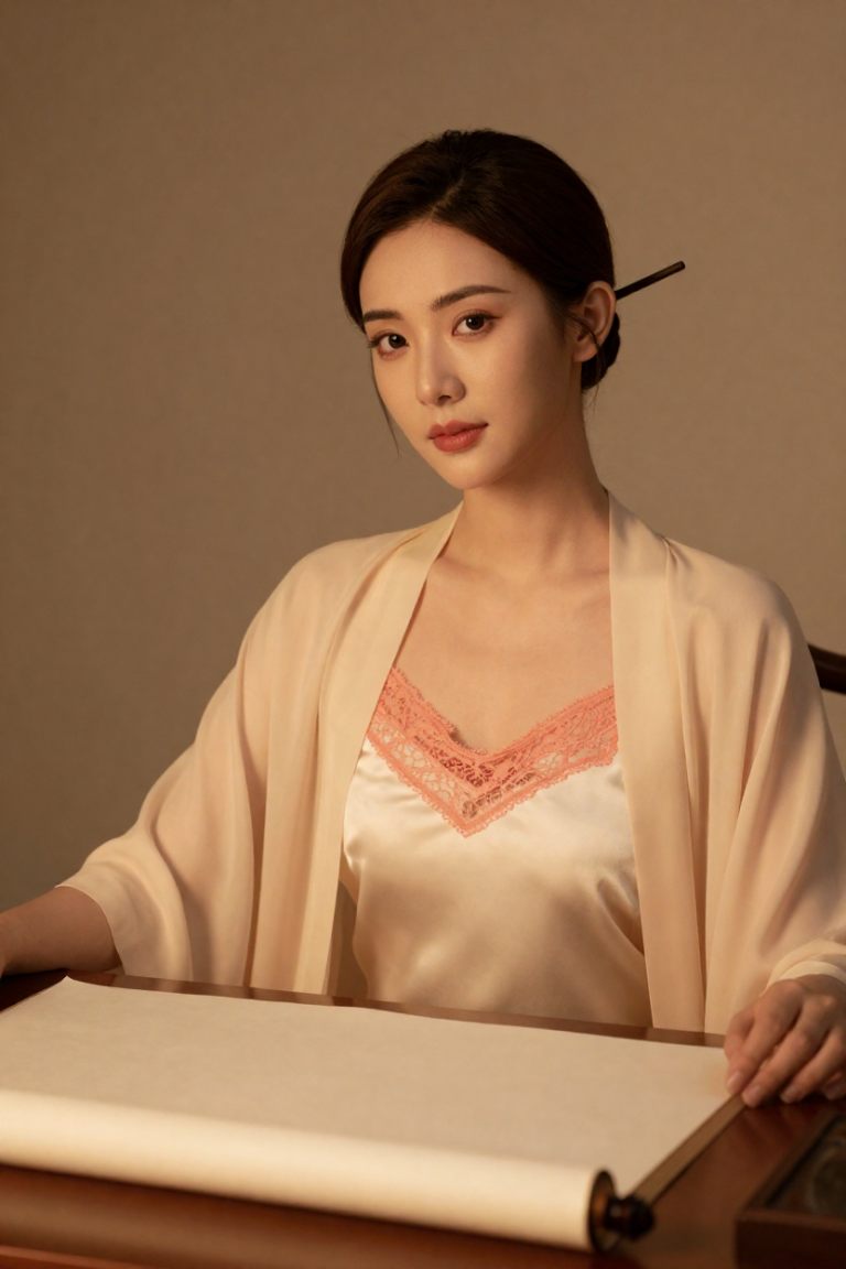 Fictional 29-year-old woman in a cream silk slip dress seated at a desk with a completely blank ivory paper scroll at FuliCaipiao